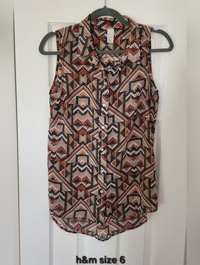 H&M Sleeveless Button-Down Top in Orange, Navy, Cream